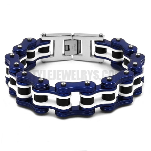 Bling Motor Biker Bracelet Stainless Steel Jewelry Bracelet Fashion Heavy Deep Blue and White Bicycle Chain Motor Bracelet Men Bracelet SJB0326 - Click Image to Close